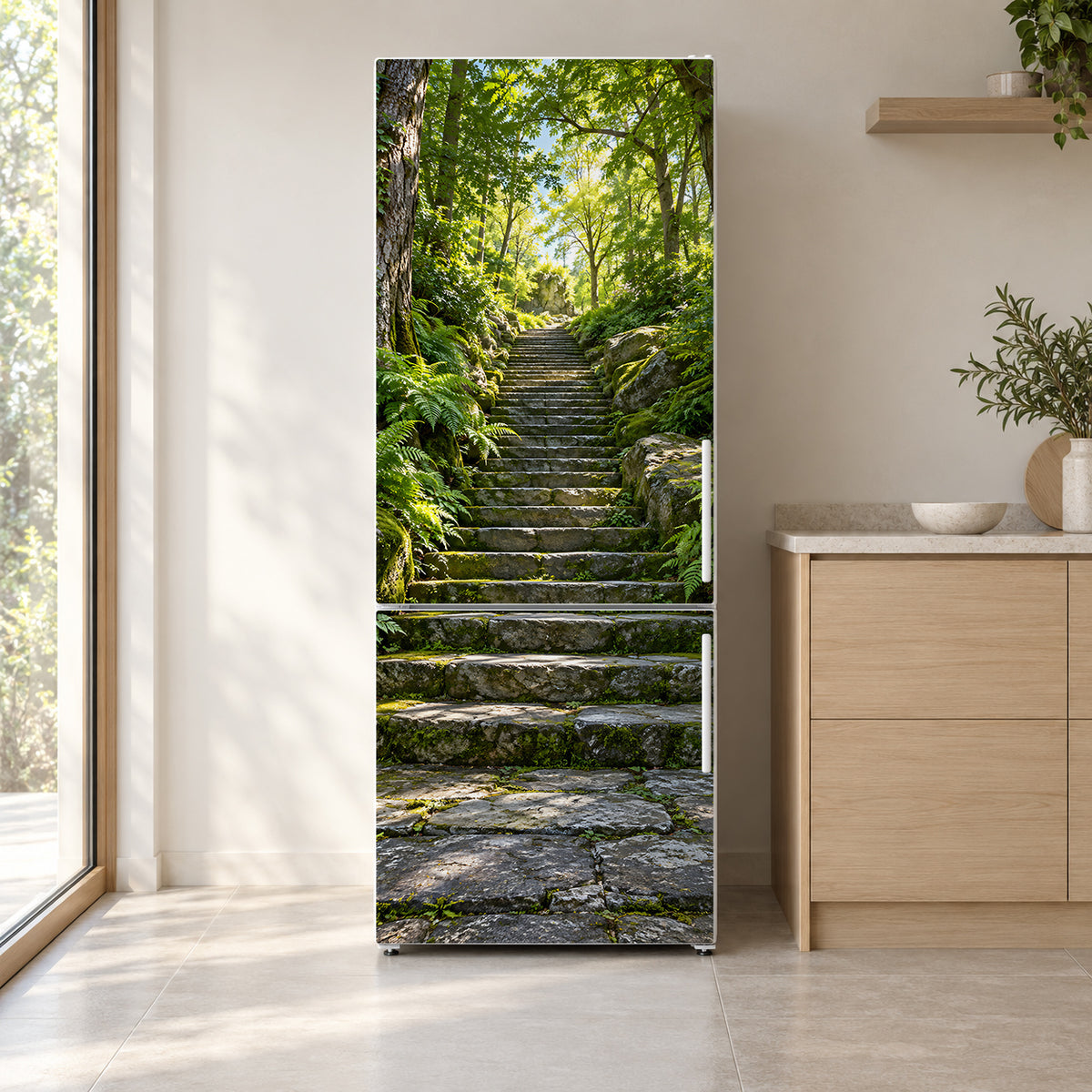 Forest Stone Staircase fridge wrap on a white refrigerator in a bright kitchen