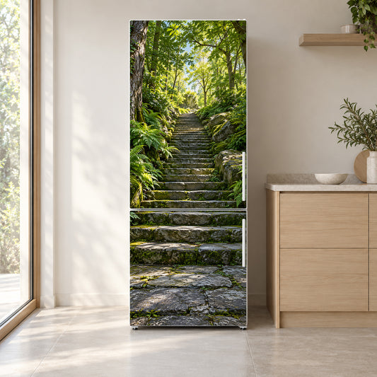 Forest Stone Staircase fridge wrap on a white refrigerator in a bright kitchen