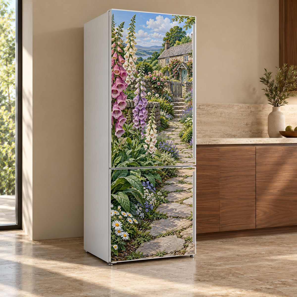 Foxgloves Cottage Garden fridge wrap, refrigerator shown at an angle