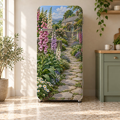 Foxgloves Cottage Garden fridge wrap on a retro refrigerator