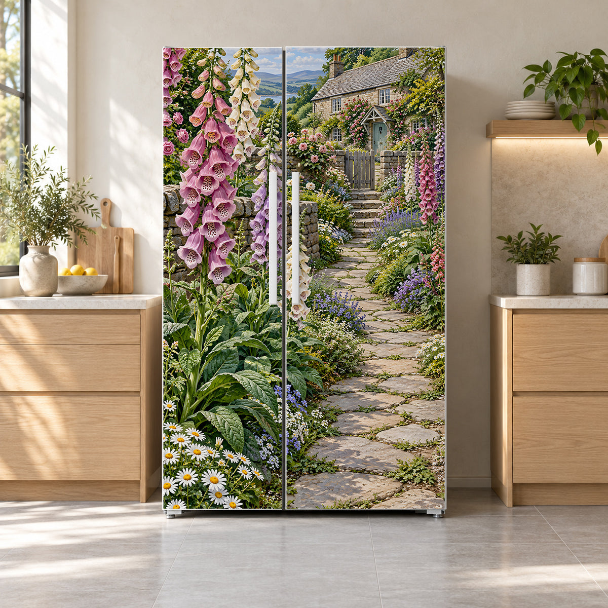 Foxgloves Cottage Garden fridge wrap on a side-by-side refrigerator