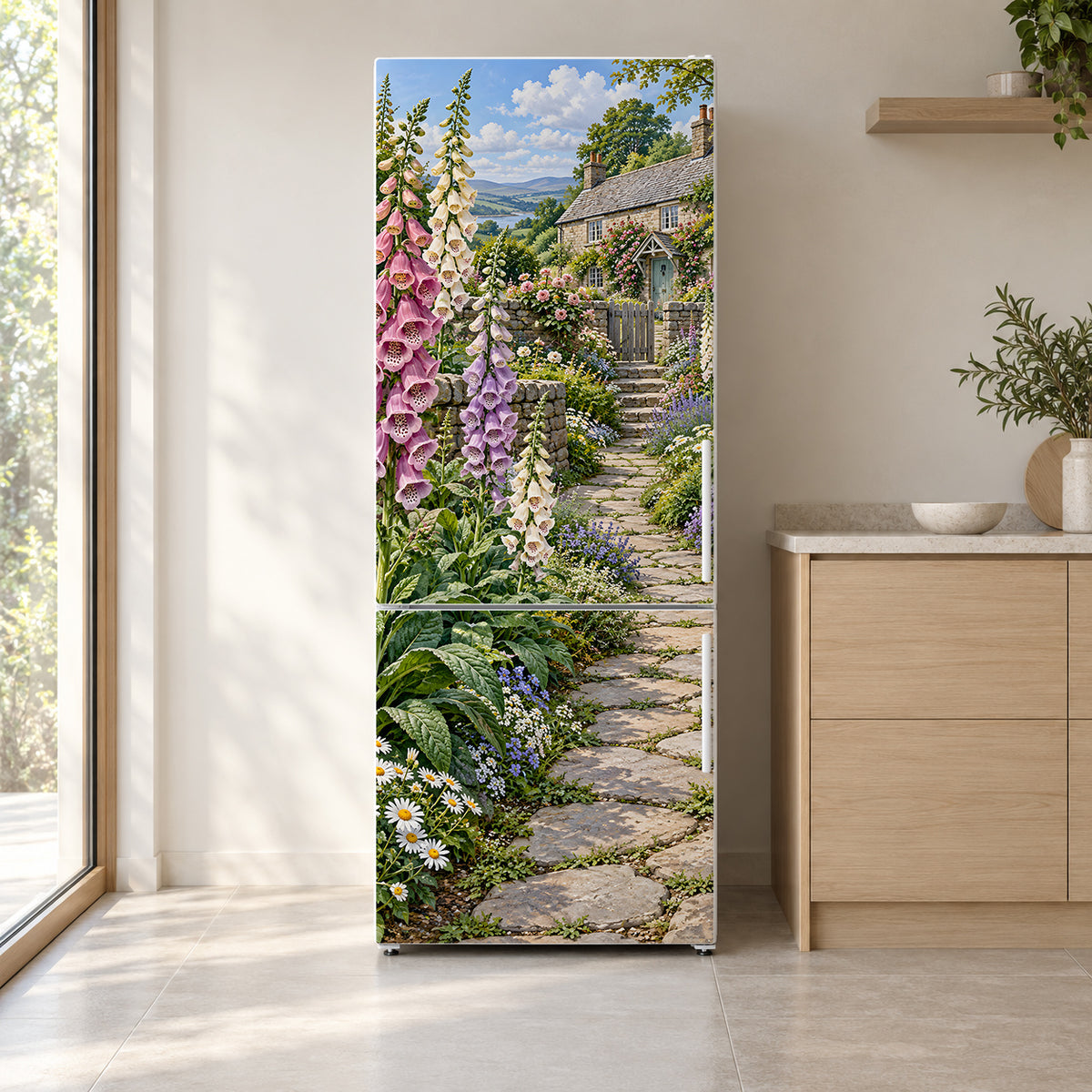 Foxgloves Cottage Garden fridge wrap on a white refrigerator in a bright kitchen