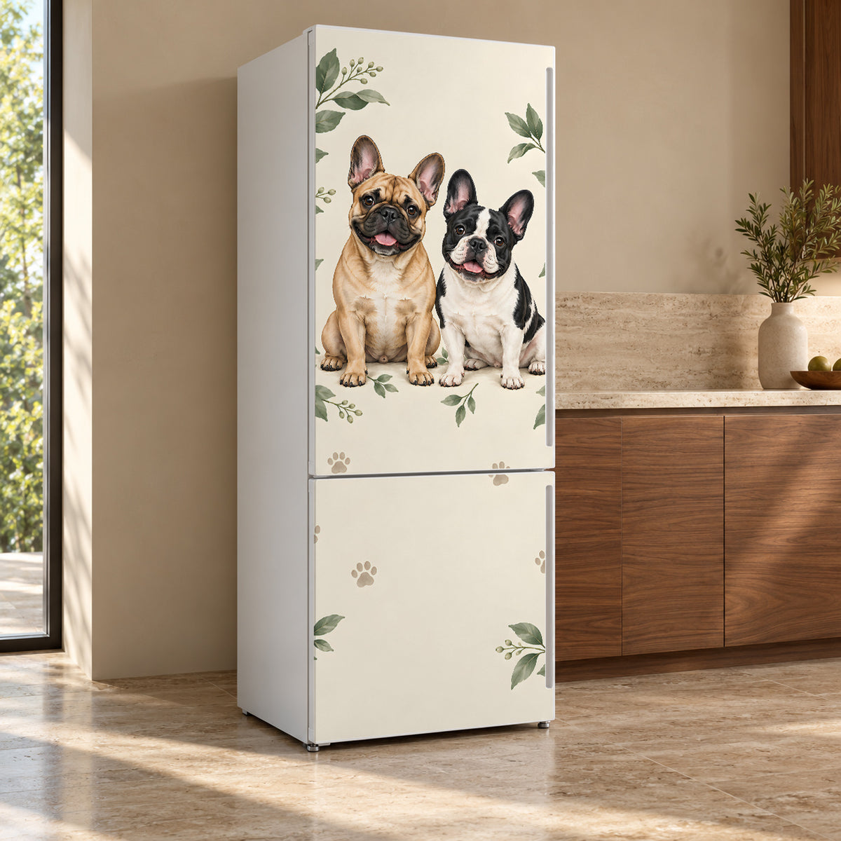 French Bulldogs fridge wrap, refrigerator shown at an angle