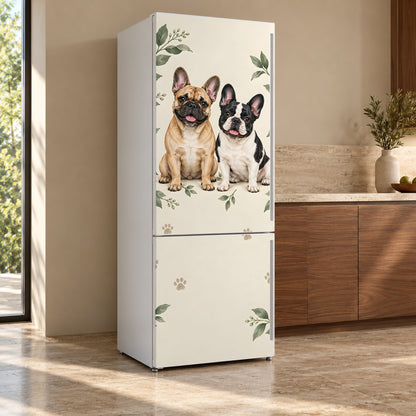 French Bulldogs fridge wrap, refrigerator shown at an angle