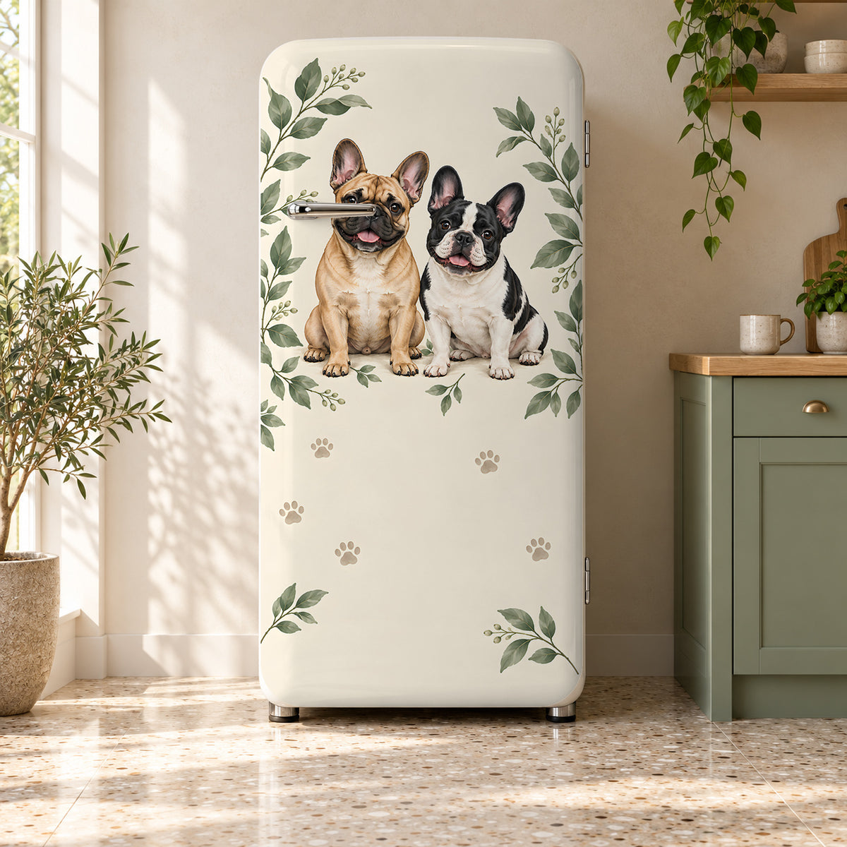 French Bulldogs fridge wrap on a retro refrigerator