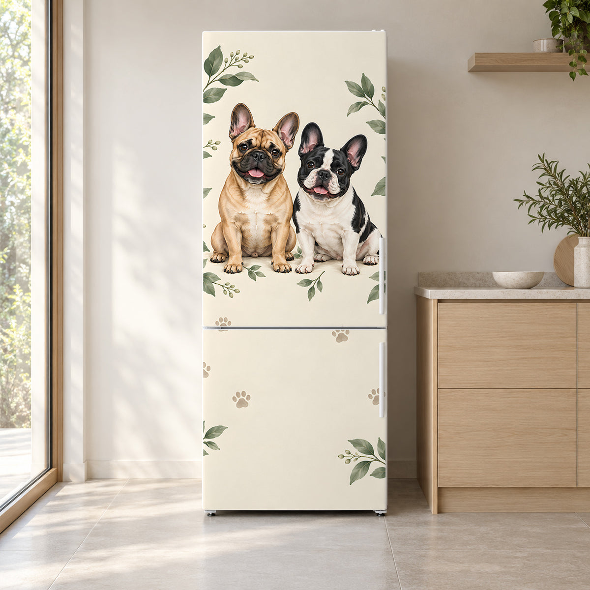 French Bulldogs fridge wrap on a white refrigerator in a bright kitchen