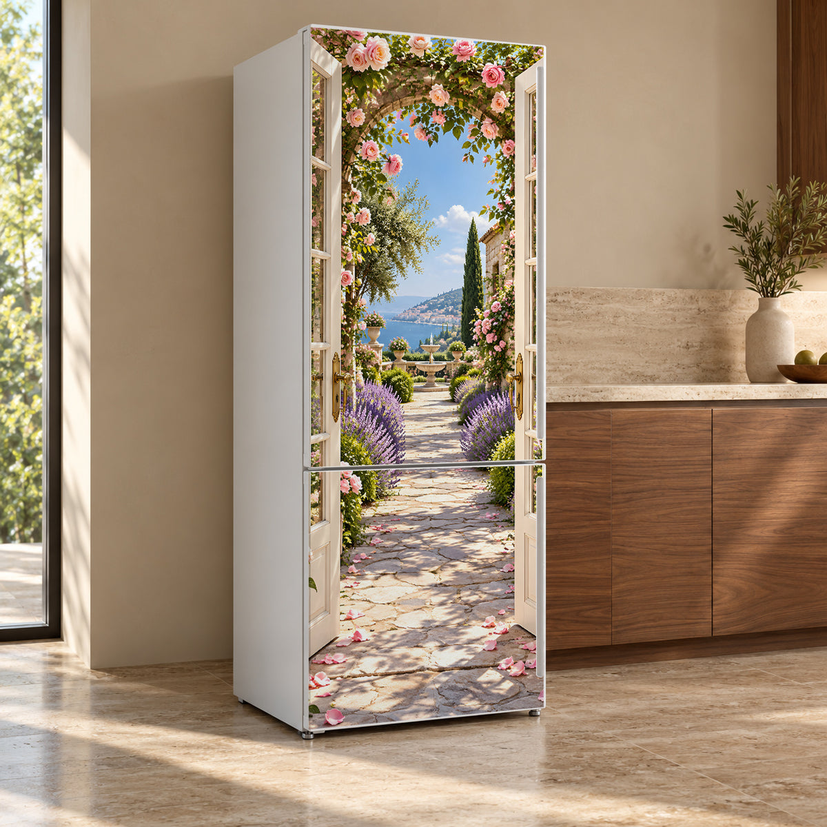 French Doors to the Garden fridge wrap, refrigerator shown at an angle