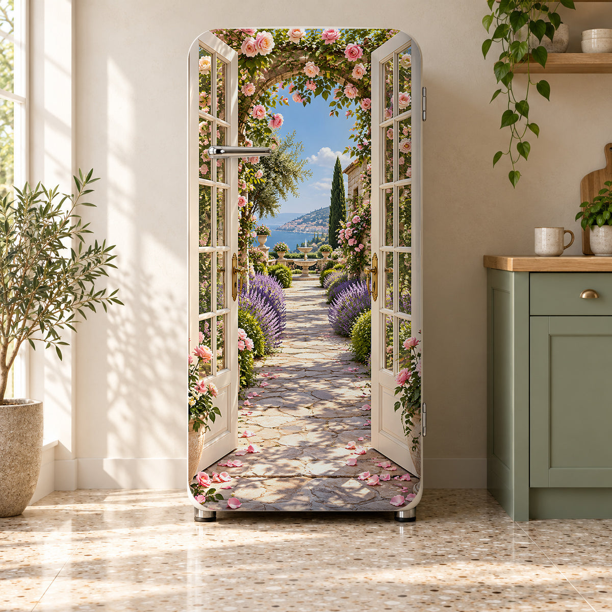 French Doors to the Garden fridge wrap on a retro refrigerator