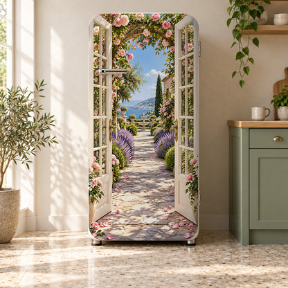 French Doors to the Garden fridge wrap on a retro refrigerator