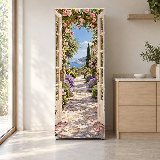 French Doors to the Garden fridge wrap on a white refrigerator in a bright kitchen