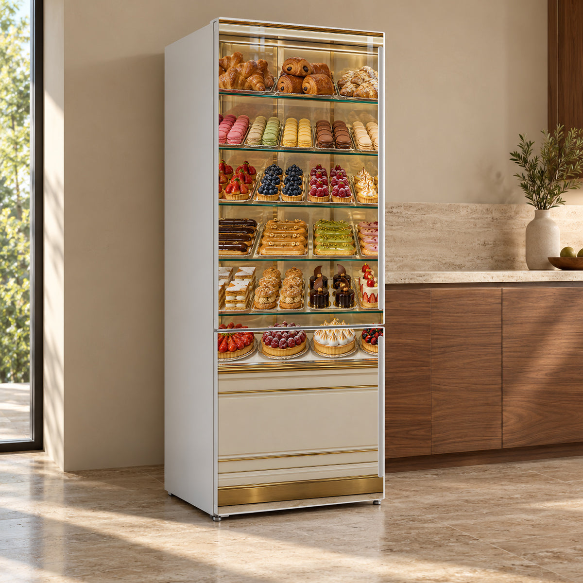 French Pastry Display Case fridge wrap, refrigerator shown at an angle