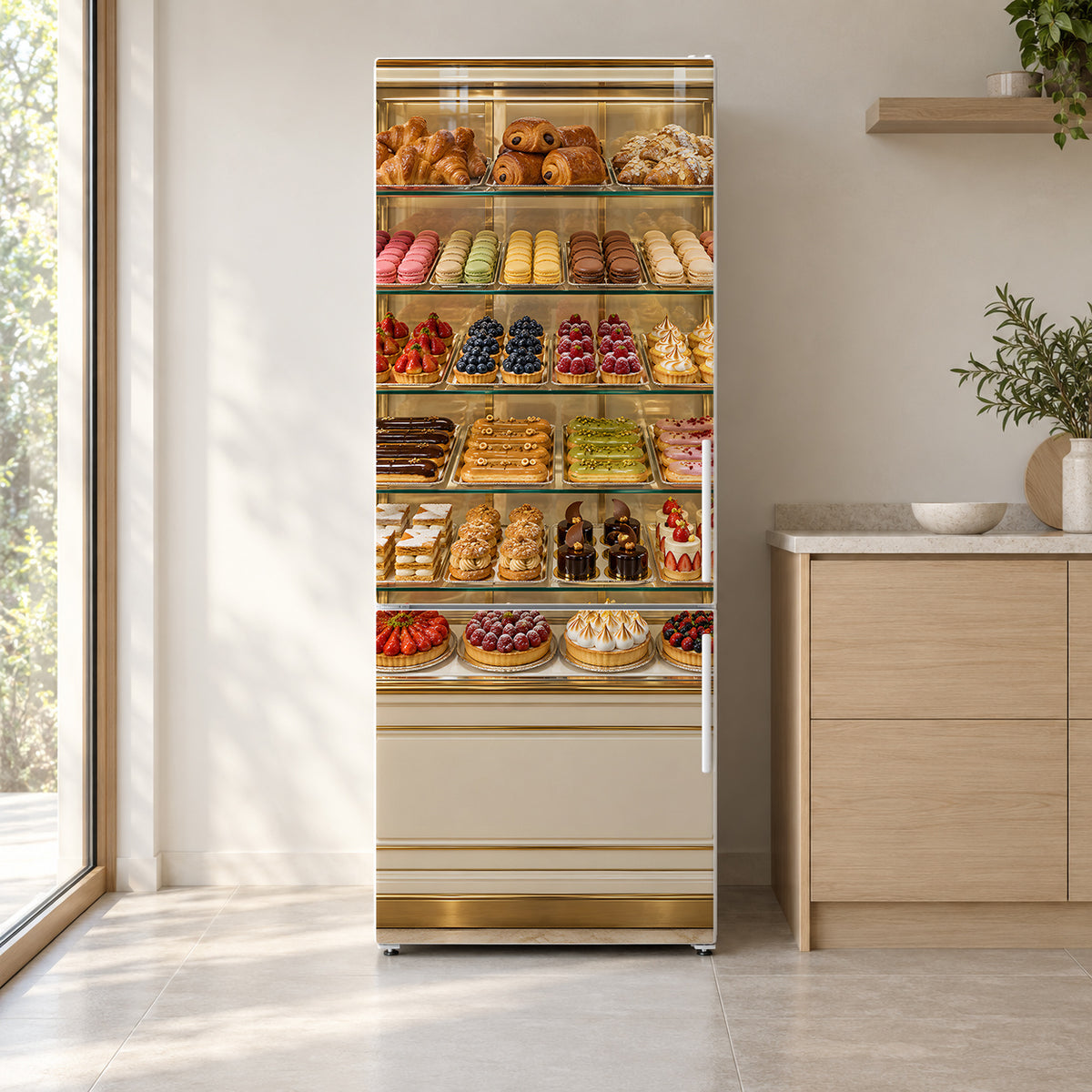 French Pastry Display Case fridge wrap on a white refrigerator in a bright kitchen