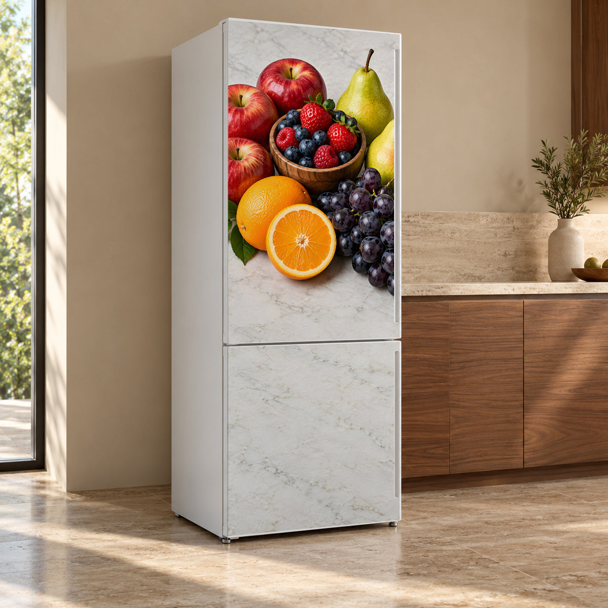 Fresh Fruit Mix fridge wrap, refrigerator shown at an angle