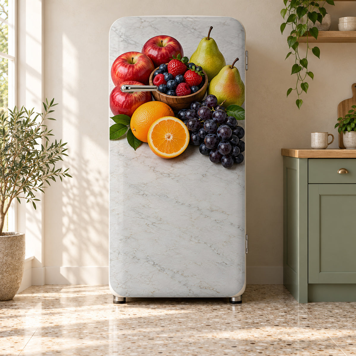 Fresh Fruit Mix fridge wrap on a retro refrigerator