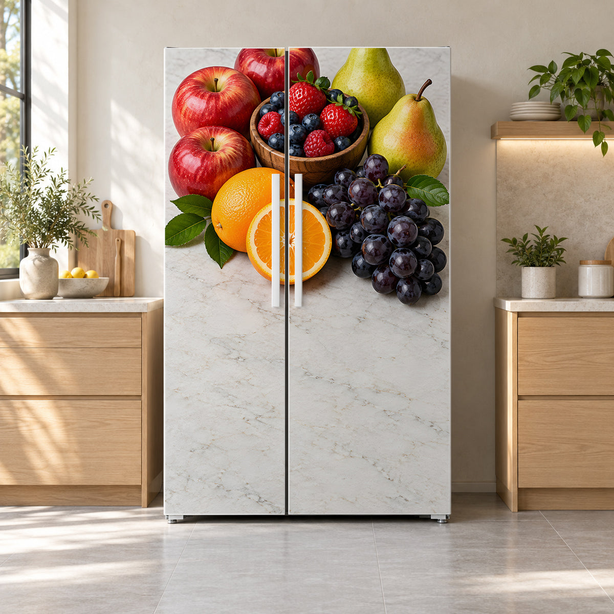 Fresh Fruit Mix fridge wrap on a side-by-side refrigerator