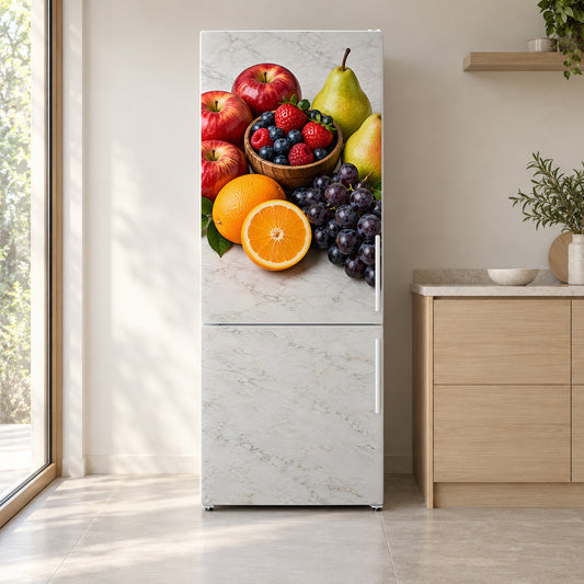 Fresh Fruit Mix fridge wrap on a white refrigerator in a bright kitchen