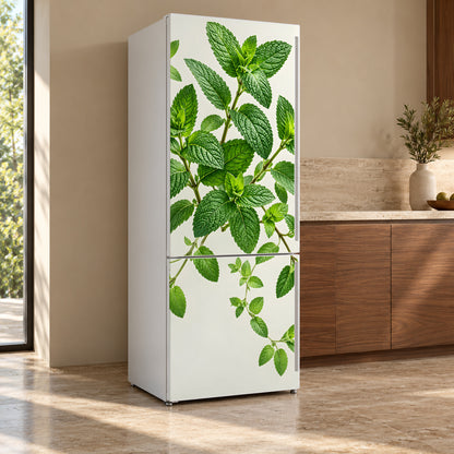Fresh Mint Leaves fridge wrap, refrigerator shown at an angle