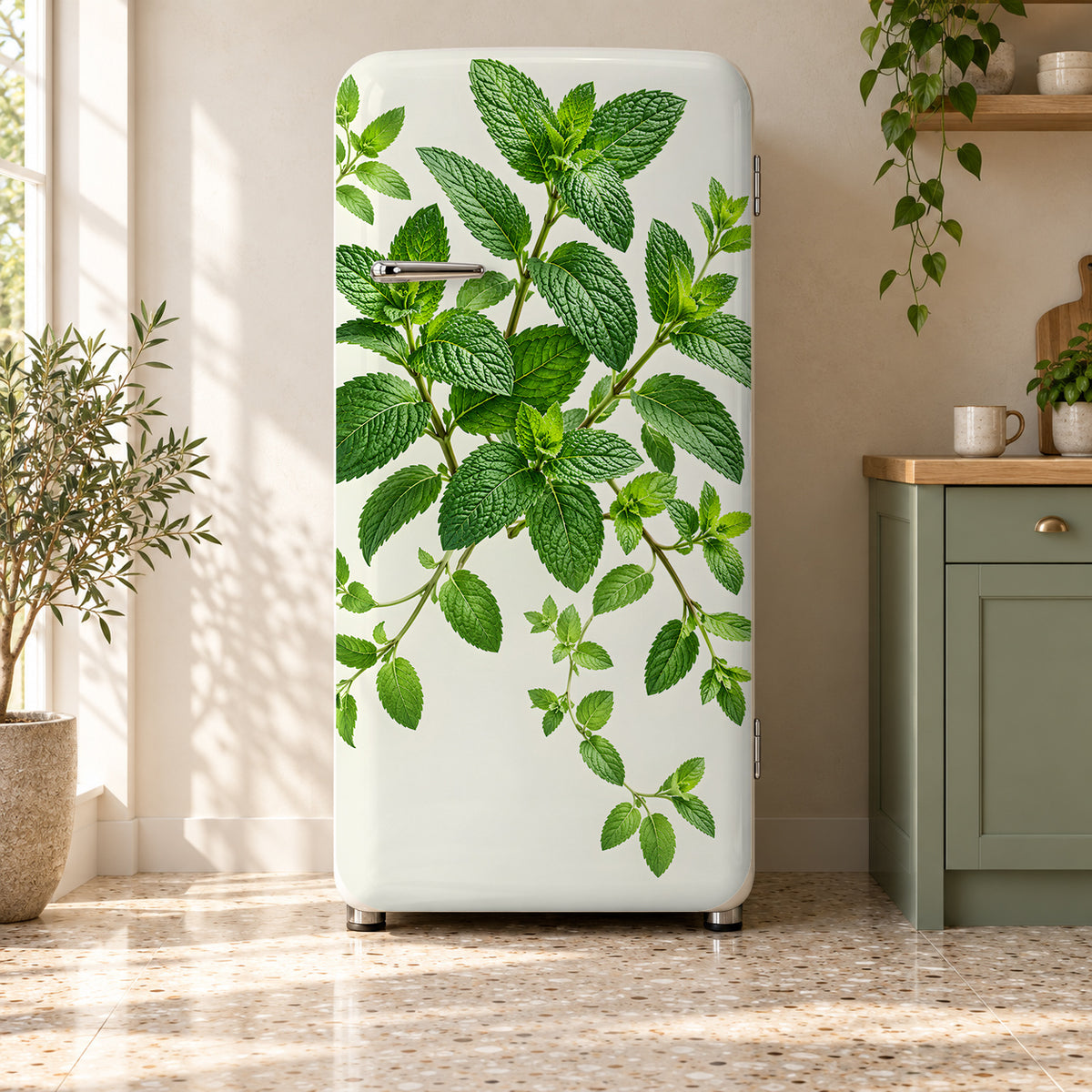 Fresh Mint Leaves fridge wrap on a retro refrigerator