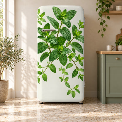 Fresh Mint Leaves fridge wrap on a retro refrigerator