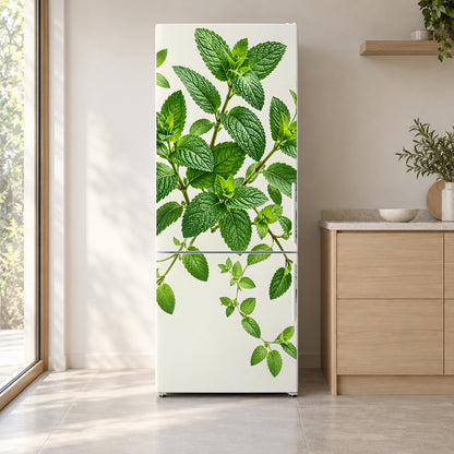 Fresh Mint Leaves fridge wrap on a white refrigerator in a bright kitchen