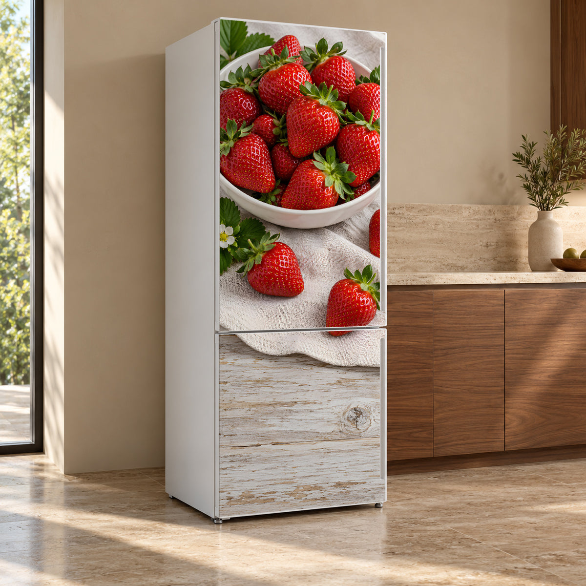 Fresh Strawberries fridge wrap, refrigerator shown at an angle