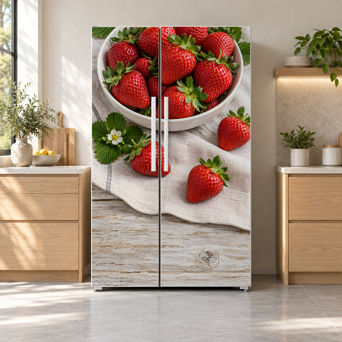 Fresh Strawberries fridge wrap on a side-by-side refrigerator