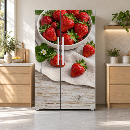 Fresh Strawberries fridge wrap on a side-by-side refrigerator