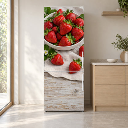Fresh Strawberries fridge wrap on a white refrigerator in a bright kitchen