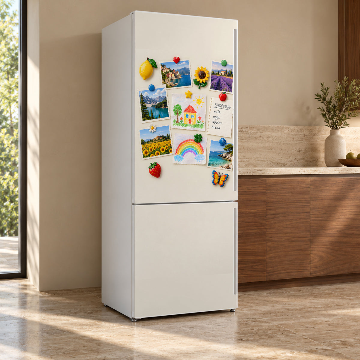 Fridge Magnet Collage fridge wrap, refrigerator shown at an angle