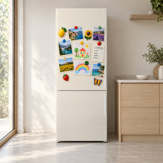 Fridge Magnet Collage fridge wrap on a white refrigerator in a bright kitchen