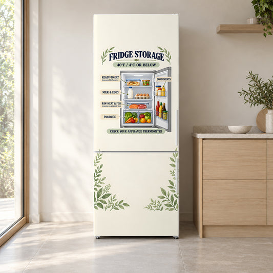 Fridge Storage Guide fridge wrap on a white refrigerator in a bright kitchen