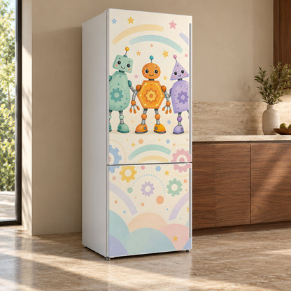 Friendly Robots fridge wrap, refrigerator shown at an angle