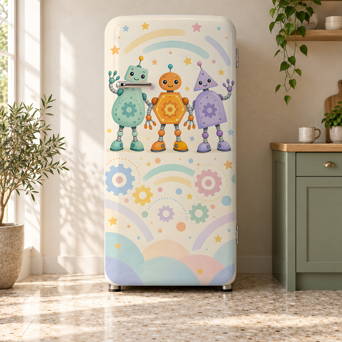 Friendly Robots fridge wrap on a retro refrigerator