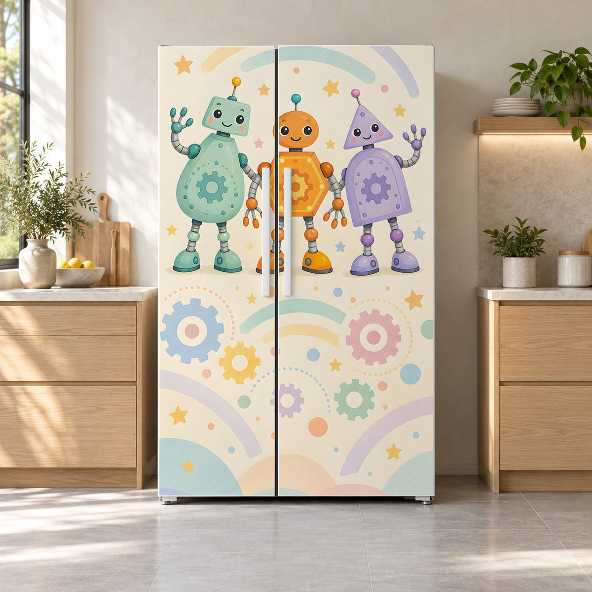 Friendly Robots fridge wrap on a side-by-side refrigerator