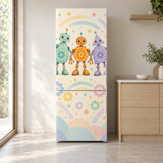 Friendly Robots fridge wrap on a white refrigerator in a bright kitchen