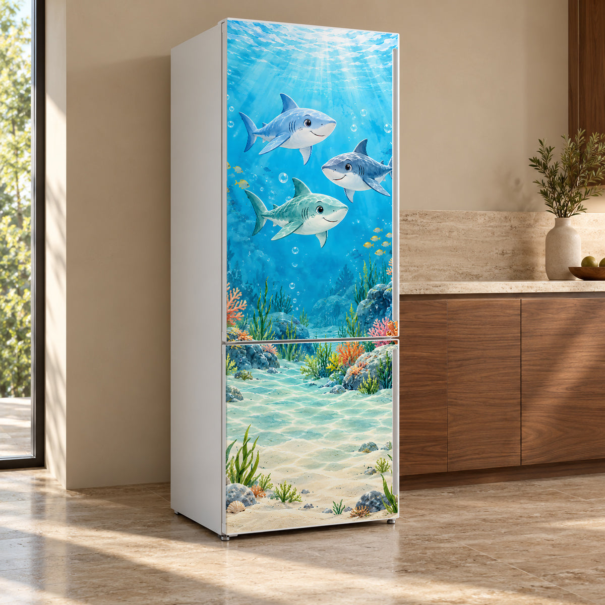 Friendly Sharks fridge wrap, refrigerator shown at an angle