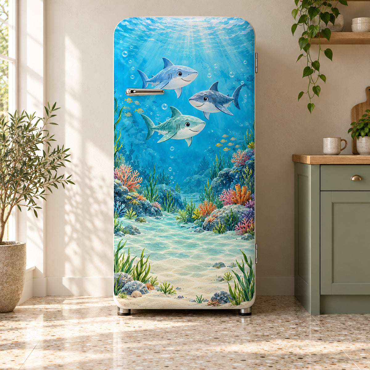 Friendly Sharks fridge wrap on a retro refrigerator