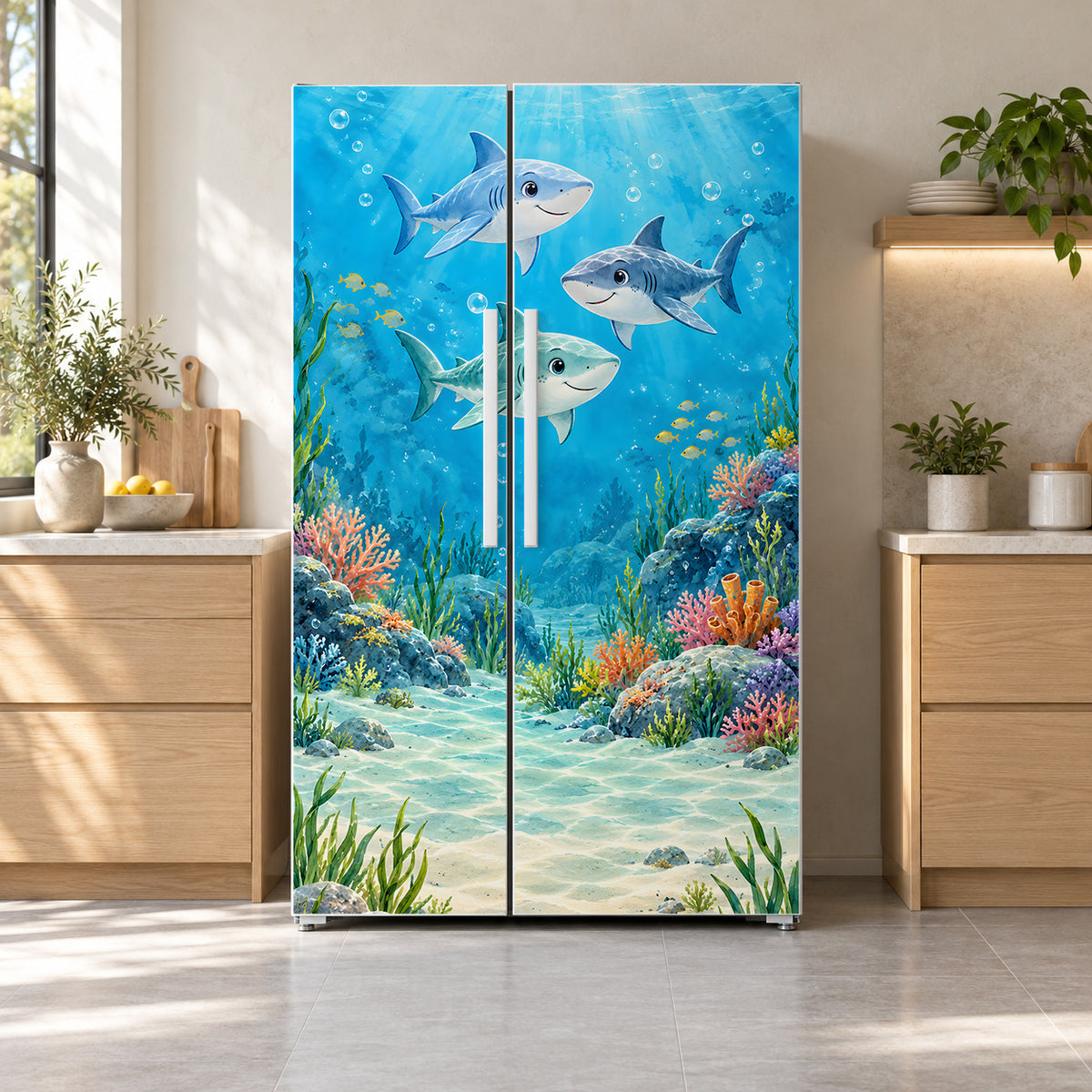 Friendly Sharks fridge wrap on a side-by-side refrigerator