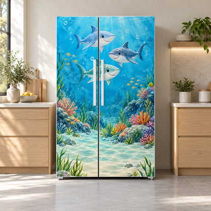 Friendly Sharks fridge wrap on a side-by-side refrigerator