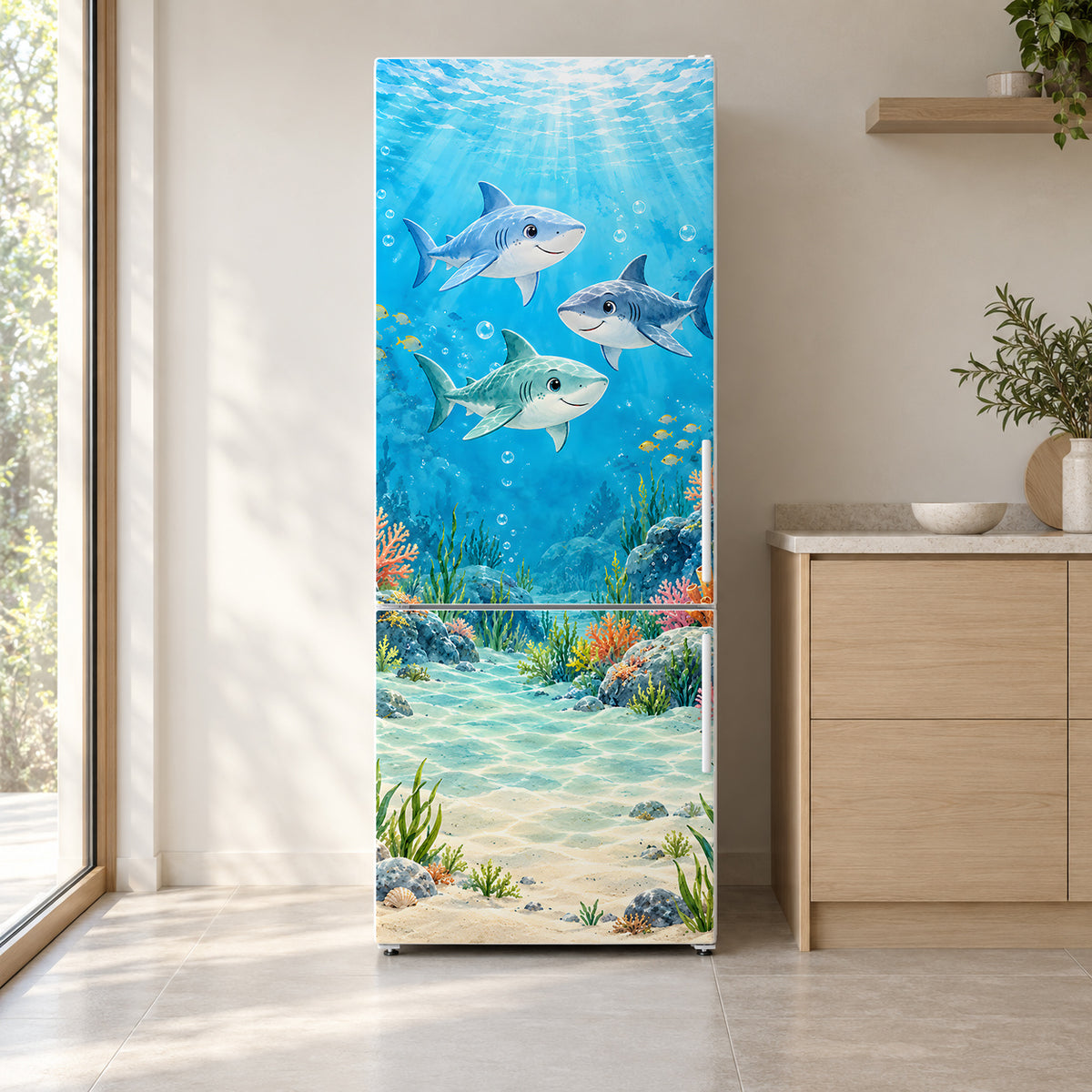 Friendly Sharks fridge wrap on a white refrigerator in a bright kitchen