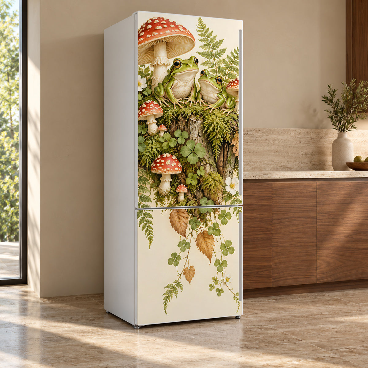 Frogs & Toadstools fridge wrap, refrigerator shown at an angle