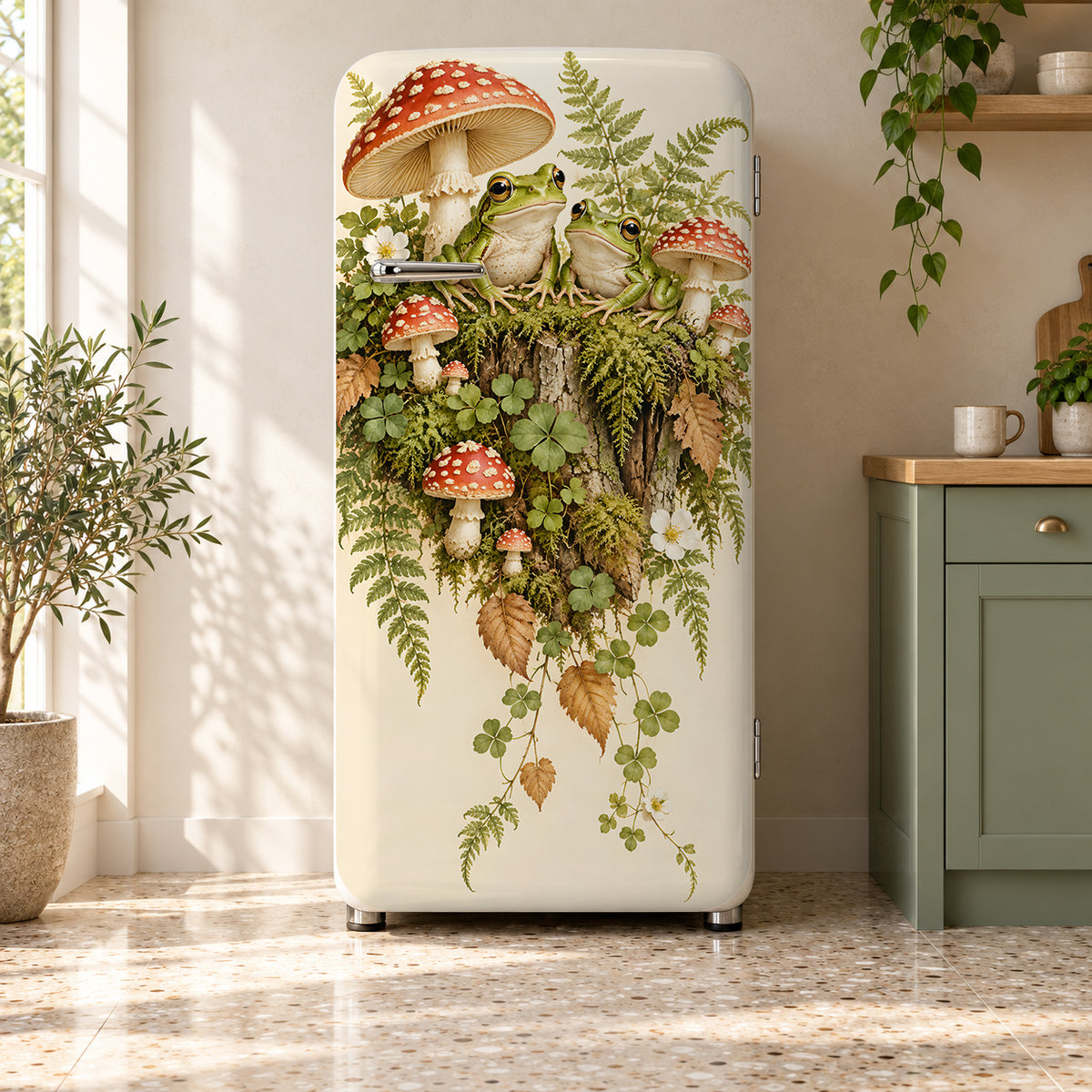 Frogs & Toadstools fridge wrap on a retro refrigerator