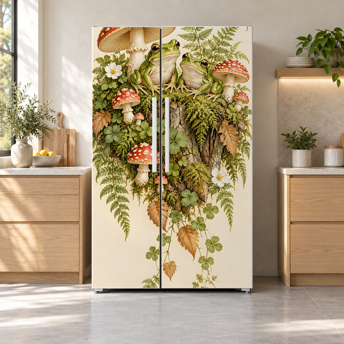 Frogs & Toadstools fridge wrap on a side-by-side refrigerator