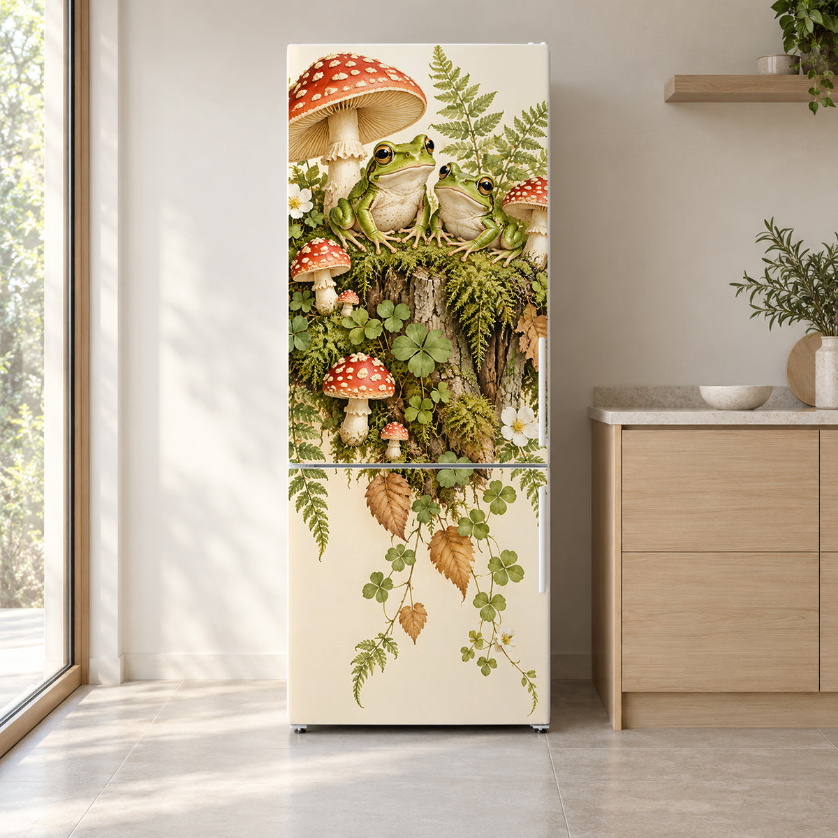 Frogs & Toadstools fridge wrap on a white refrigerator in a bright kitchen