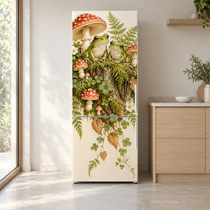 Frogs & Toadstools fridge wrap on a white refrigerator in a bright kitchen