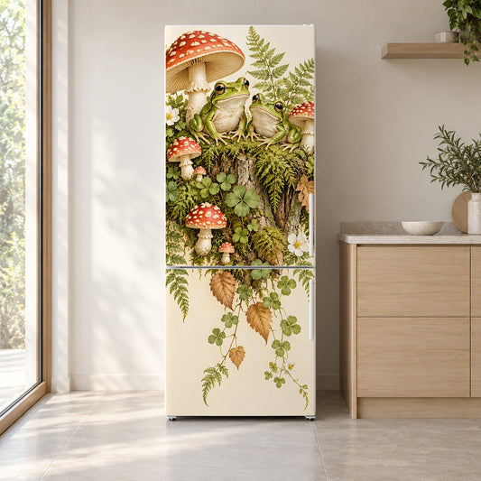 Frogs & Toadstools fridge wrap on a white refrigerator in a bright kitchen