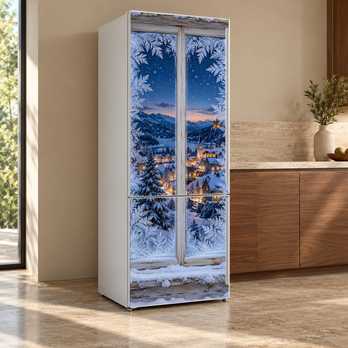 Frosted Winter Window fridge wrap, refrigerator shown at an angle