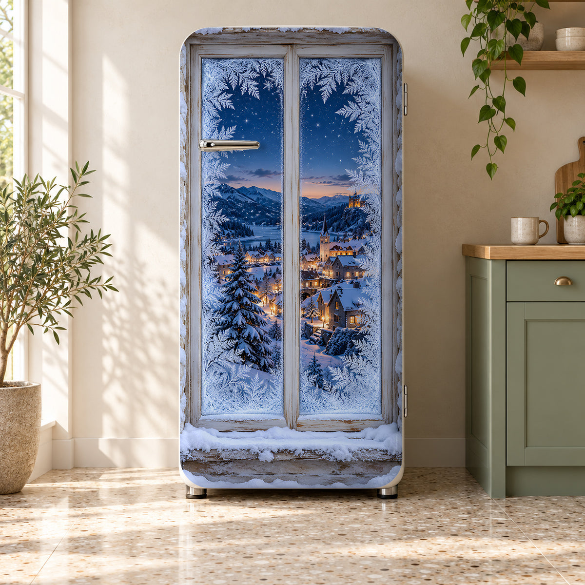 Frosted Winter Window fridge wrap on a retro refrigerator