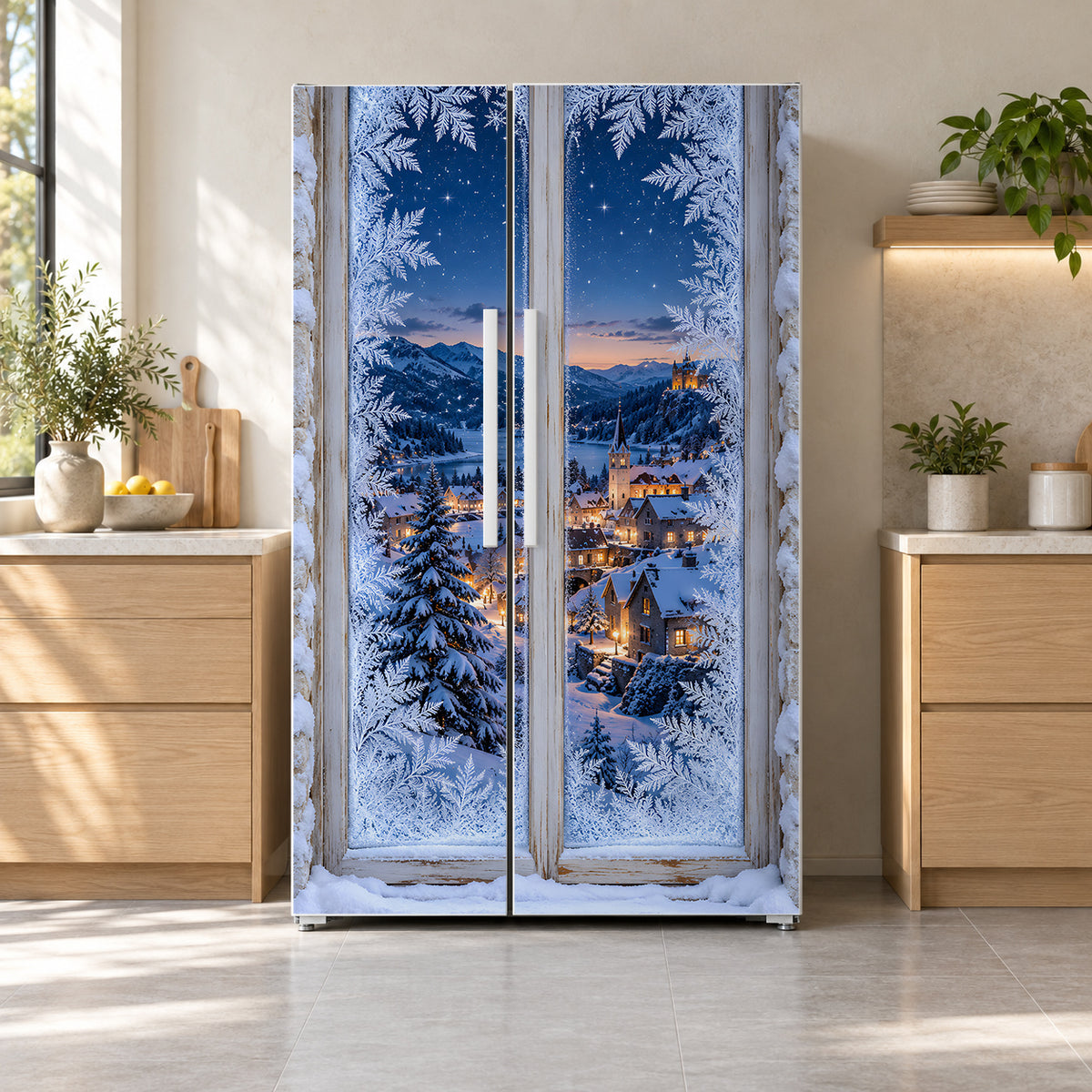 Frosted Winter Window fridge wrap on a side-by-side refrigerator
