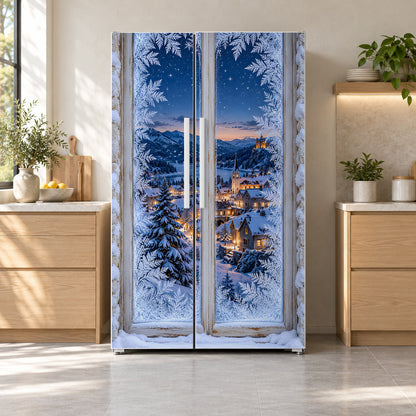 Frosted Winter Window fridge wrap on a side-by-side refrigerator